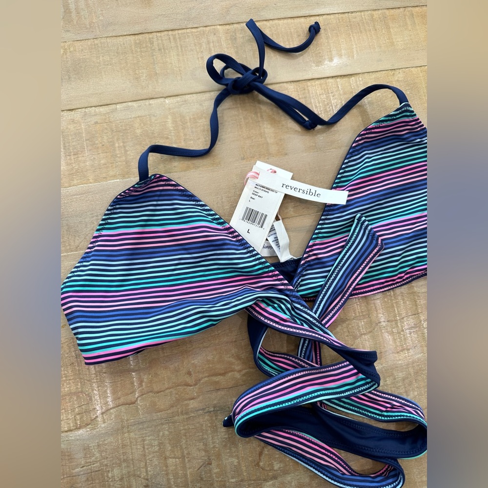 Vineyard Vines multi stripe cross over bikini swim top reversible deep Bay nwt
